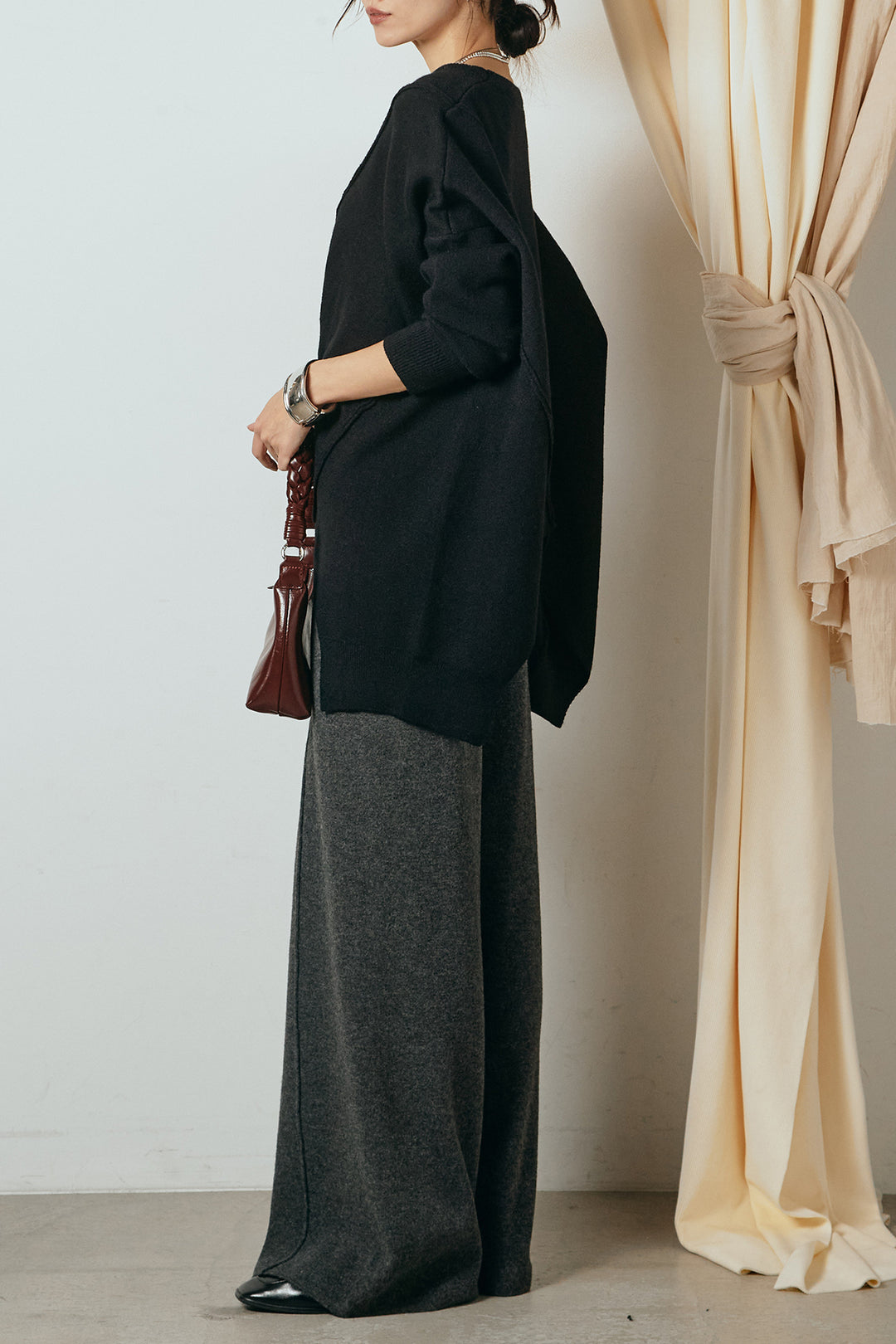 【着回しセット】[SET]アシンメトリーデザインニットトップス+センターラインニットパンツ+フラワー刺繍ワイドスカート(3set)