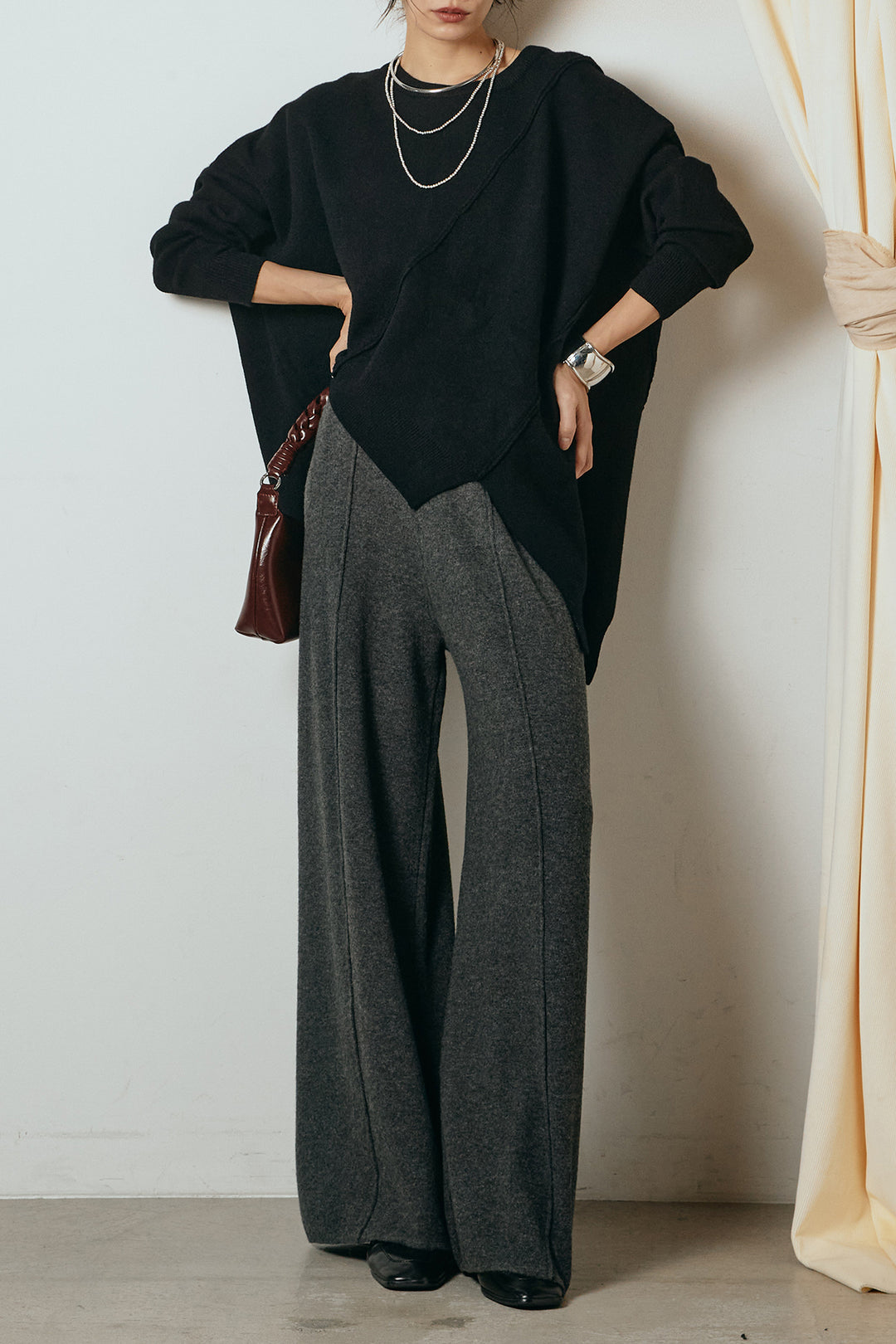 【着回しセット】[SET]アシンメトリーデザインニットトップス+センターラインニットパンツ+フラワー刺繍ワイドスカート(3set)