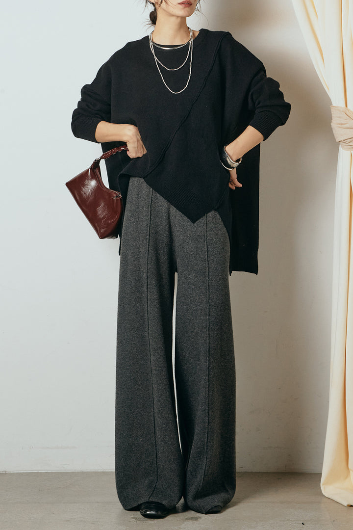 【着回しセット】[SET]アシンメトリーデザインニットトップス+センターラインニットパンツ+フラワー刺繍ワイドスカート(3set)