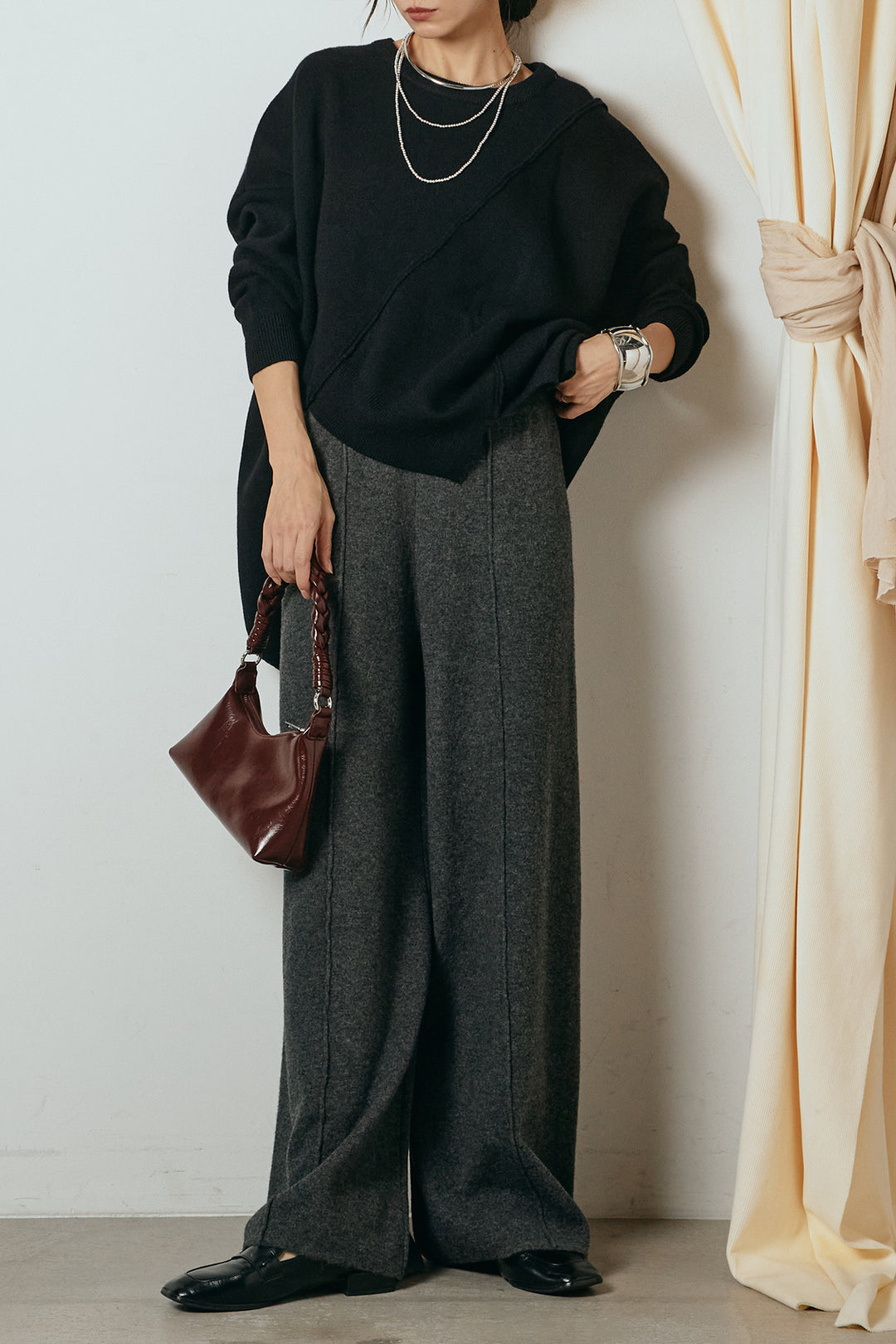 【着回しセット】[SET]アシンメトリーデザインニットトップス+センターラインニットパンツ+フラワー刺繍ワイドスカート(3set)