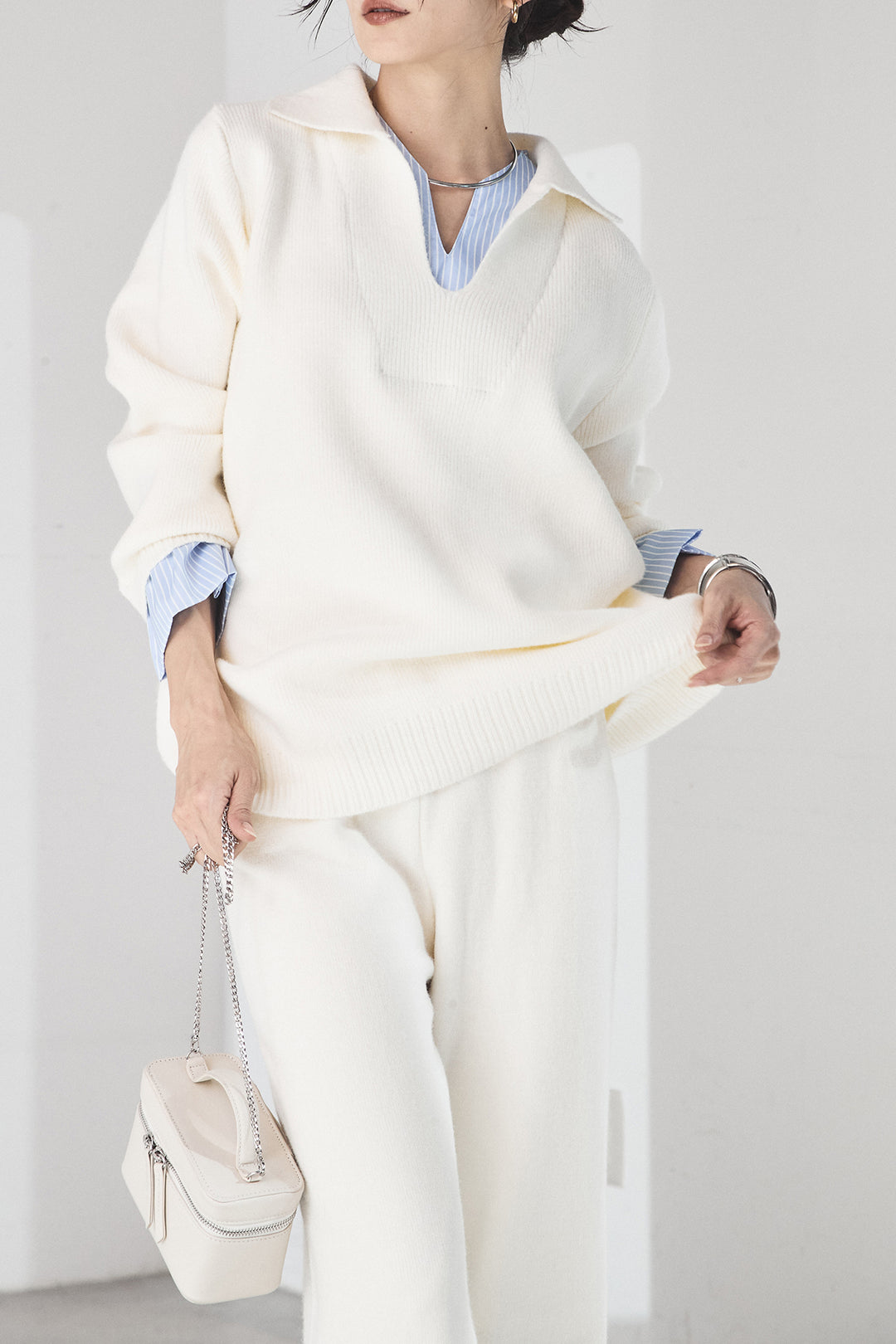 【着回しセット】[SET]ファー付きフーディーニットSETUP+ストライプドッキングニットポロSETUP(2set)