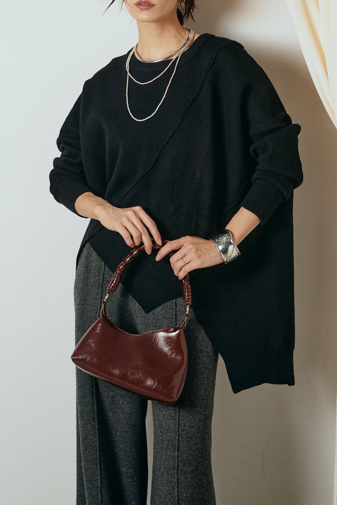 【着回しセット】[SET]アシンメトリーデザインニットトップス+センターラインニットパンツ+フラワー刺繍ワイドスカート(3set)