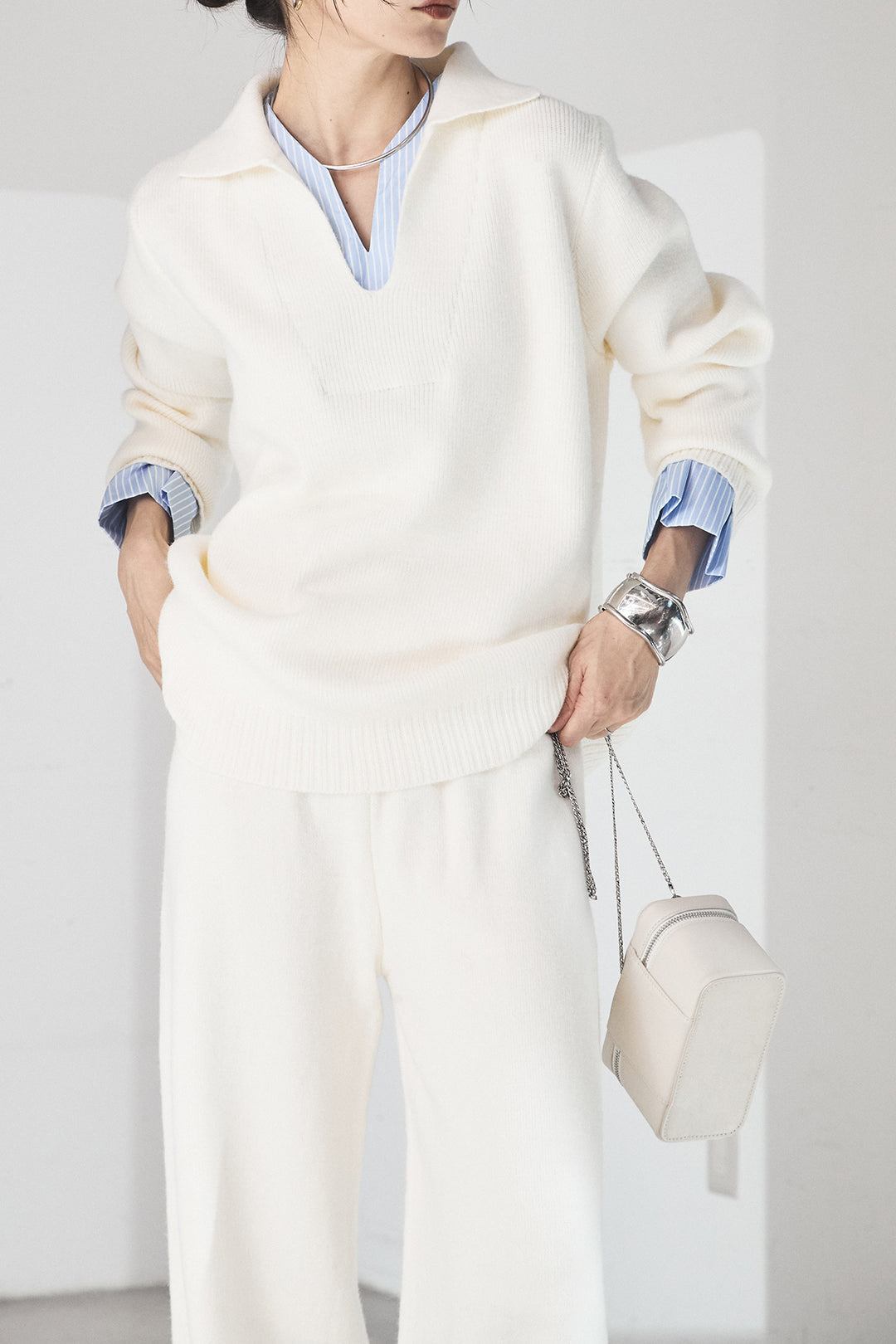 【着回しセット】[SET]ファー付きフーディーニットSETUP+ストライプドッキングニットポロSETUP(2set)