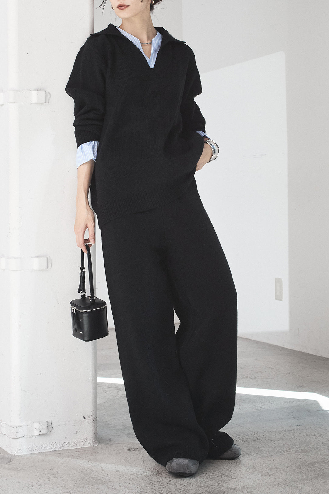 【着回しセット】[SET]ファー付きフーディーニットSETUP+ストライプドッキングニットポロSETUP(2set)