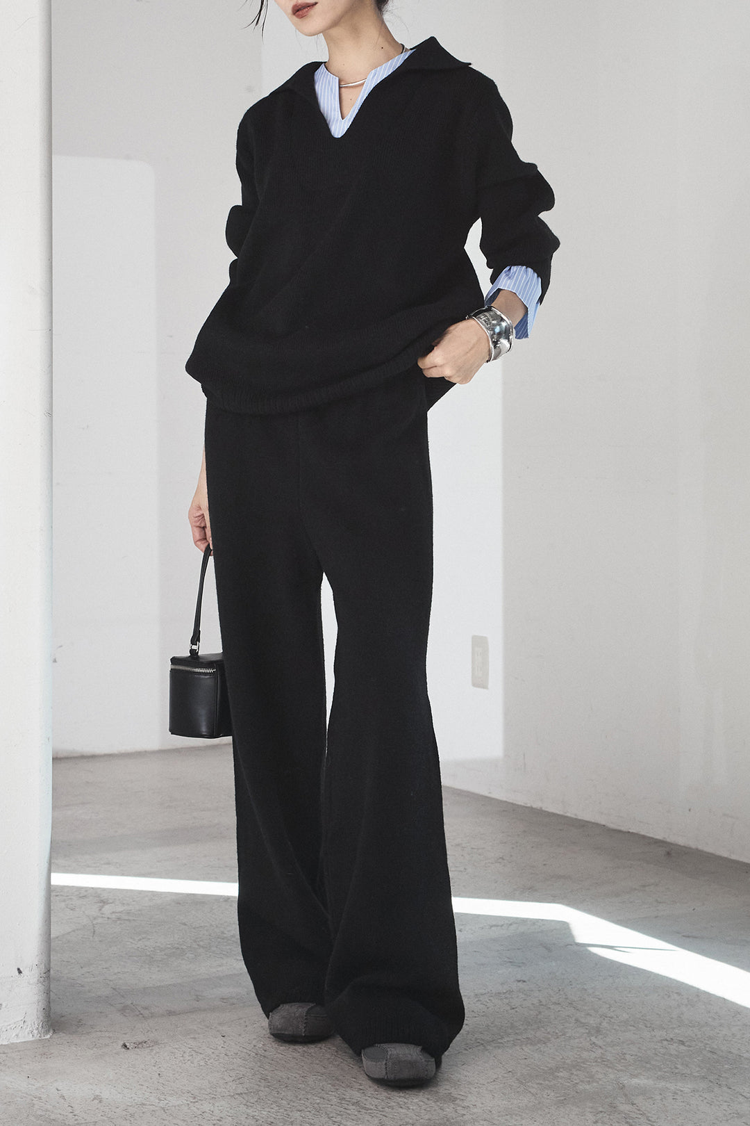 【着回しセット】[SET]ファー付きフーディーニットSETUP+ストライプドッキングニットポロSETUP(2set)