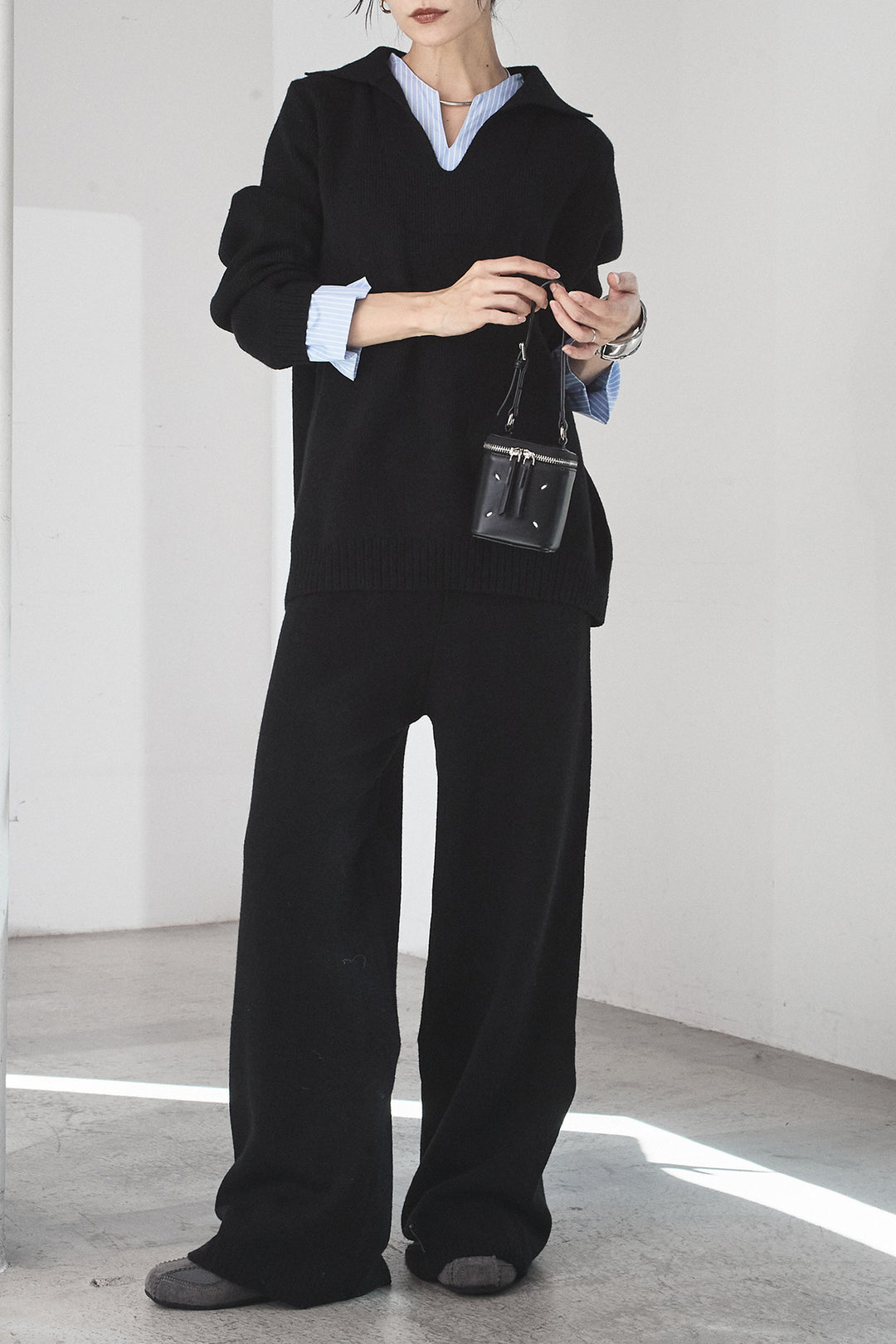 【着回しセット】[SET]ファー付きフーディーニットSETUP+ストライプドッキングニットポロSETUP(2set)