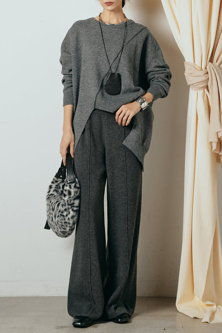 【着回しセット】[SET]アシンメトリーデザインニットトップス+センターラインニットパンツ+フラワー刺繍ワイドスカート(3set)