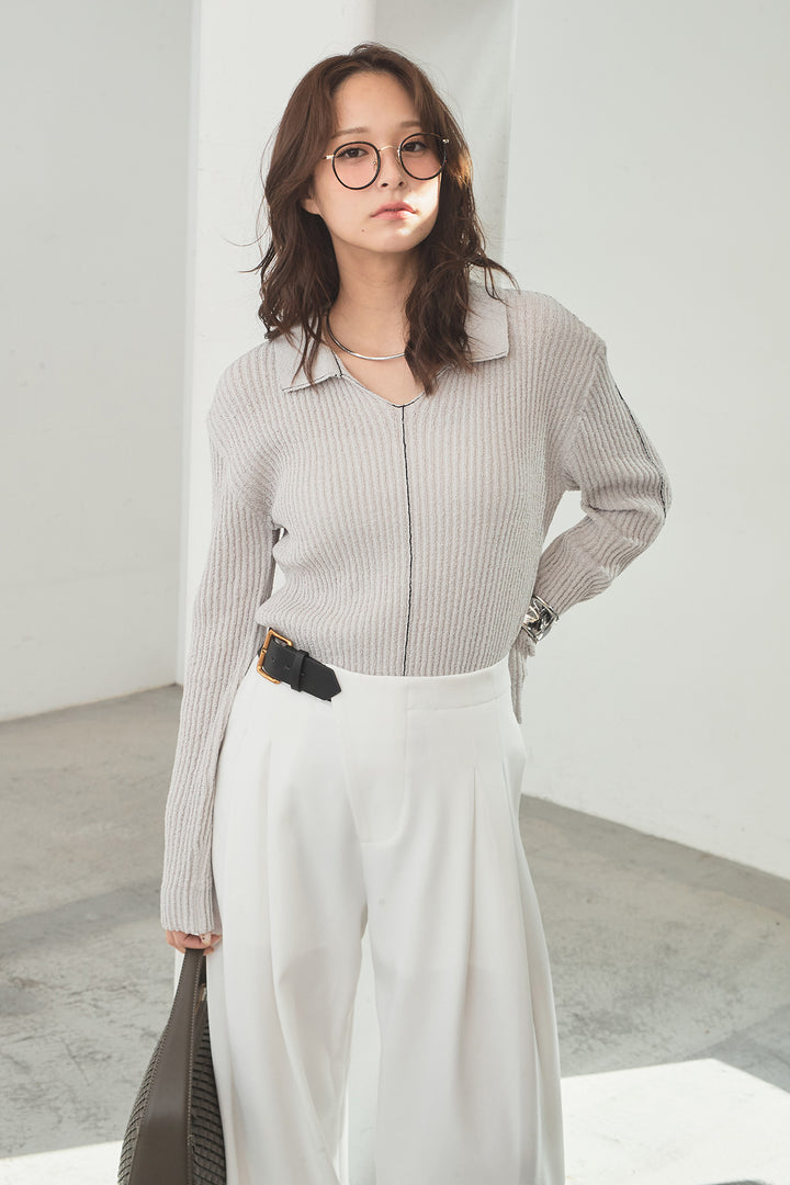 [SET]衿付きニットプルオーバー+サイドベルトタック入りスラックス(2set)