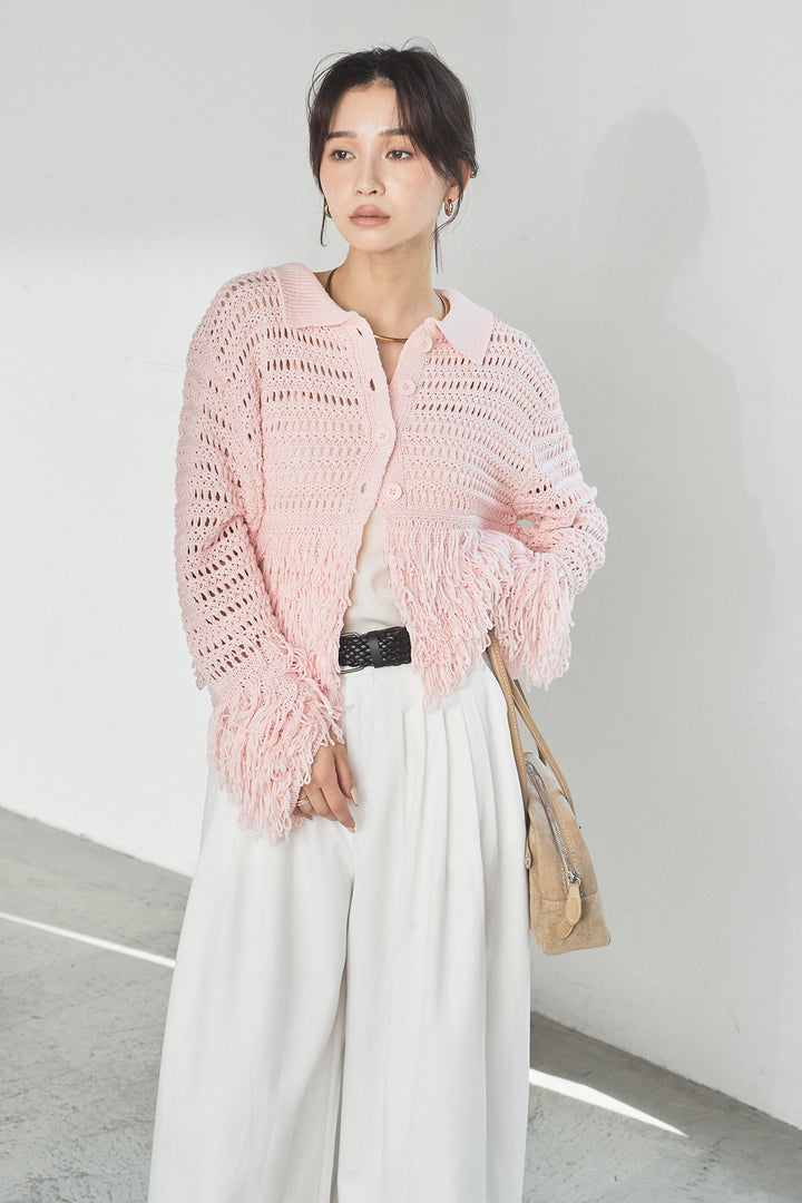 [SET]メッシュフリンジカーディガン+編みベルト付きウエストタックワイドパンツ(2set)