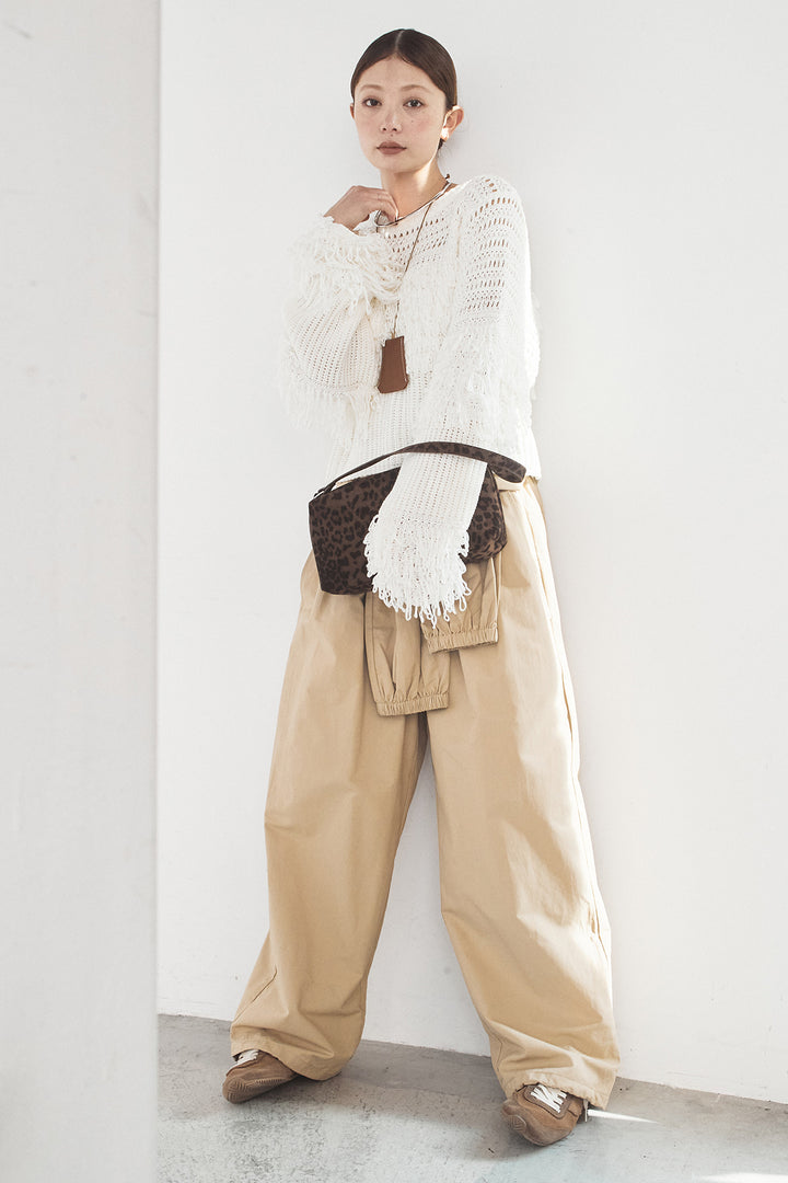 [SET]メッシュフリンジ切り替えプルオーバー+合繊ツイルスタンドウエスト巻きジョガーパンツ(2set)