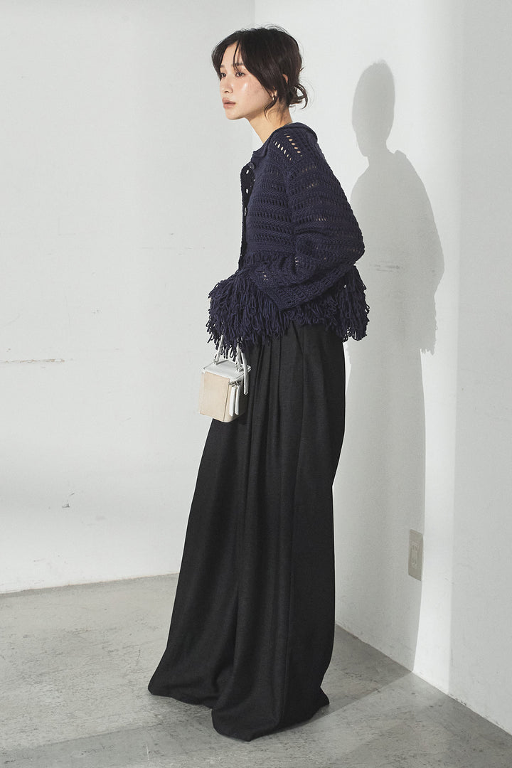 [SET]メッシュフリンジカーディガン+編みベルト付きウエストタックワイドパンツ(2set)