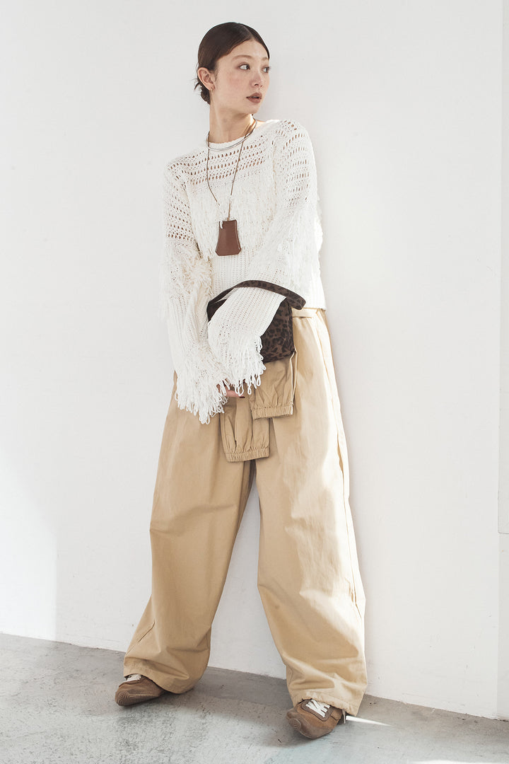 [SET]メッシュフリンジ切り替えプルオーバー+合繊ツイルスタンドウエスト巻きジョガーパンツ(2set)