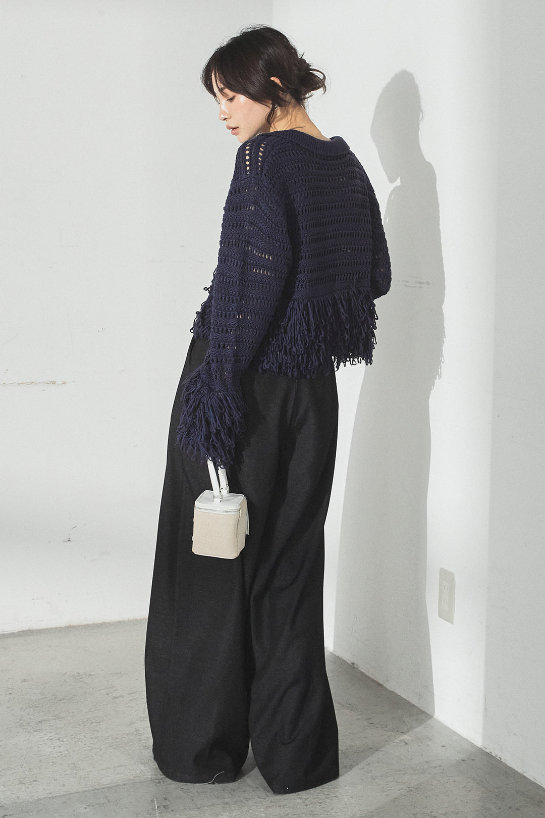 [SET]メッシュフリンジカーディガン+編みベルト付きウエストタックワイドパンツ(2set)