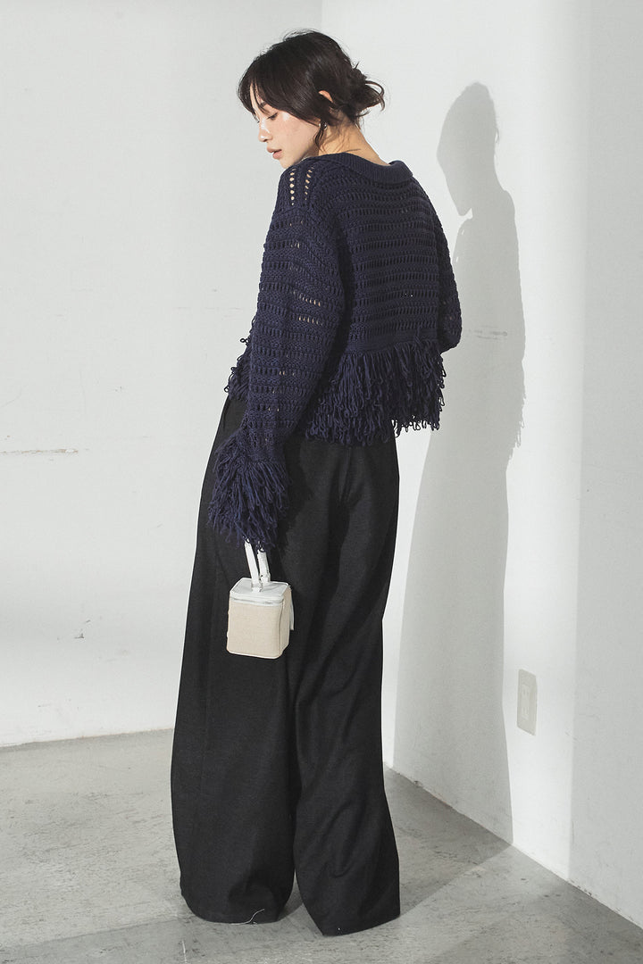 [SET]メッシュフリンジカーディガン+編みベルト付きウエストタックワイドパンツ(2set)