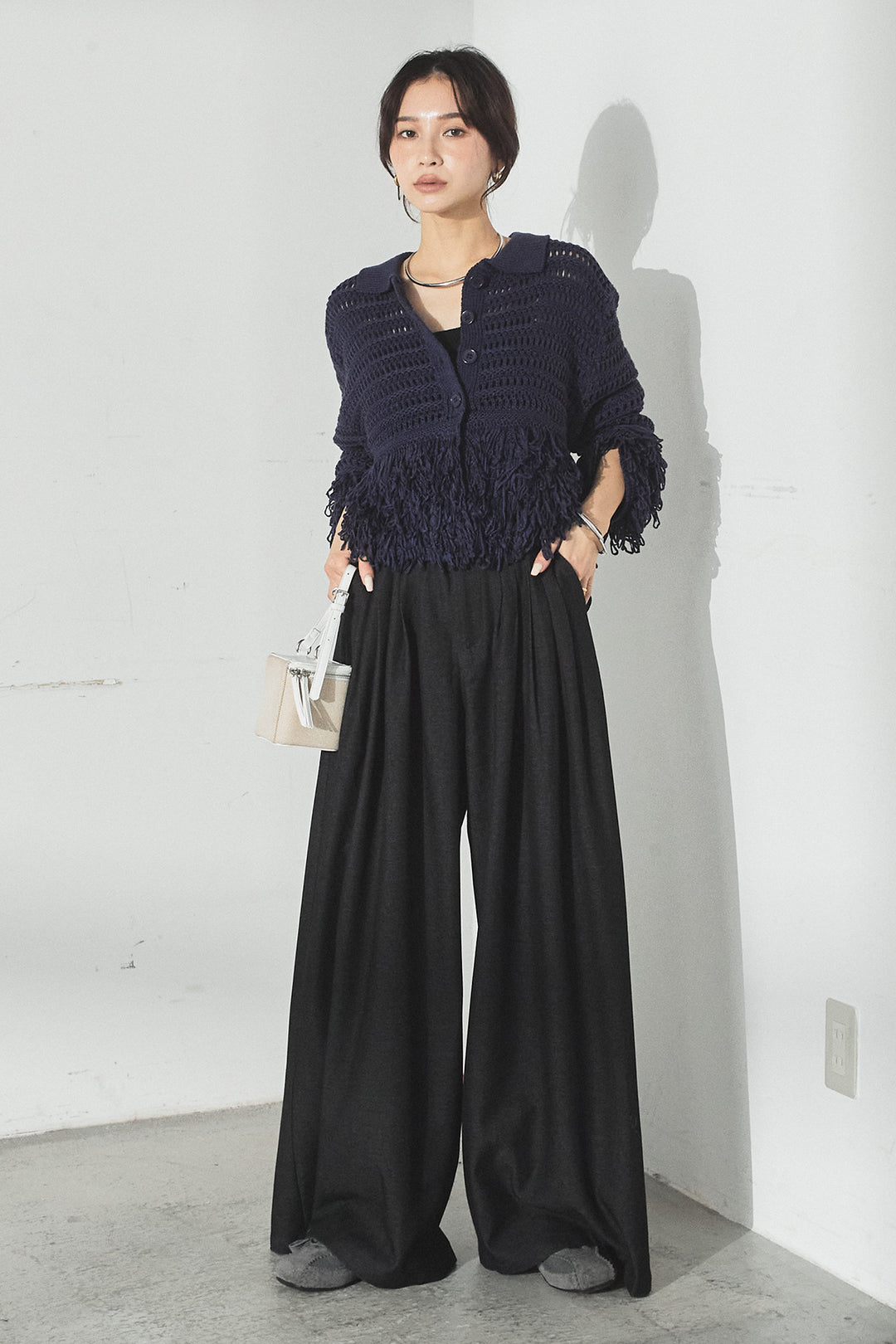 [SET]メッシュフリンジカーディガン+編みベルト付きウエストタックワイドパンツ(2set)