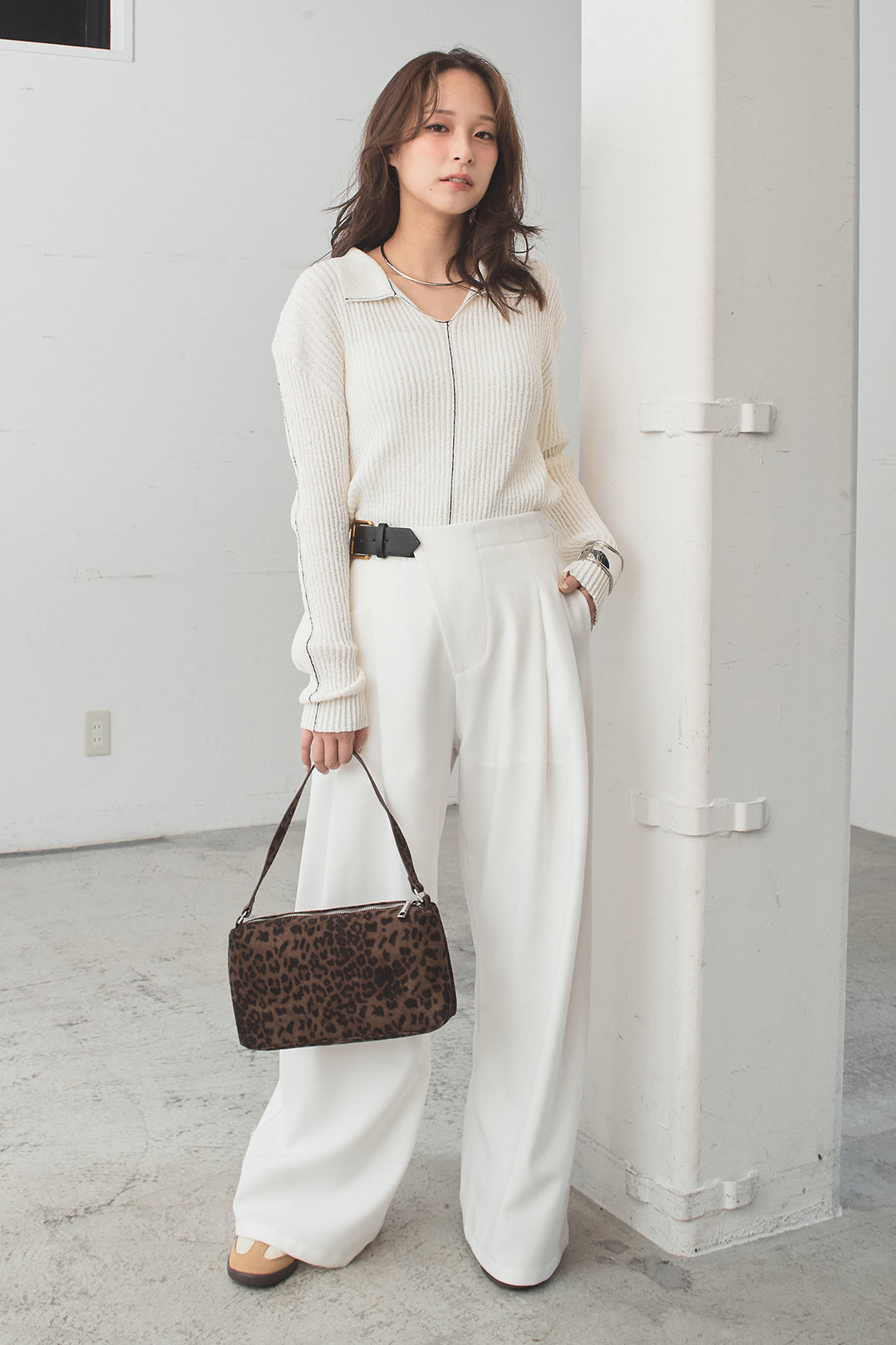 [SET]衿付きニットプルオーバー+サイドベルトタック入りスラックス(2set)