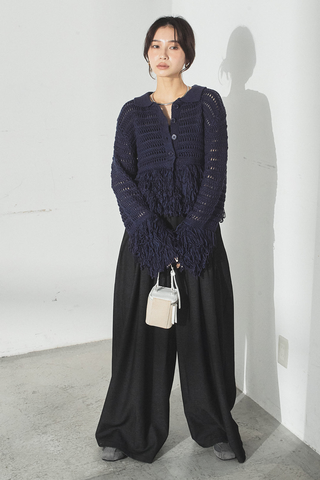 [SET]メッシュフリンジカーディガン+編みベルト付きウエストタックワイドパンツ(2set)