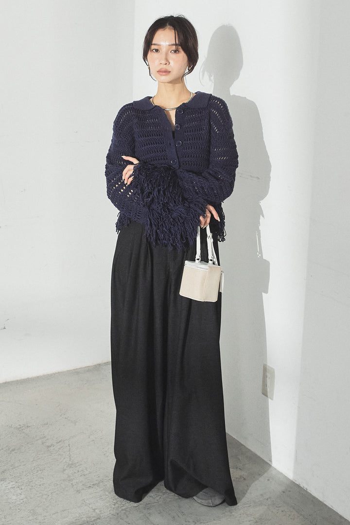 [SET]メッシュフリンジカーディガン+編みベルト付きウエストタックワイドパンツ(2set)