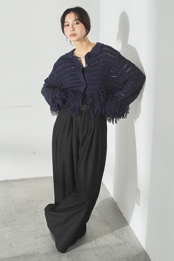 [SET]メッシュフリンジカーディガン+編みベルト付きウエストタックワイドパンツ(2set)