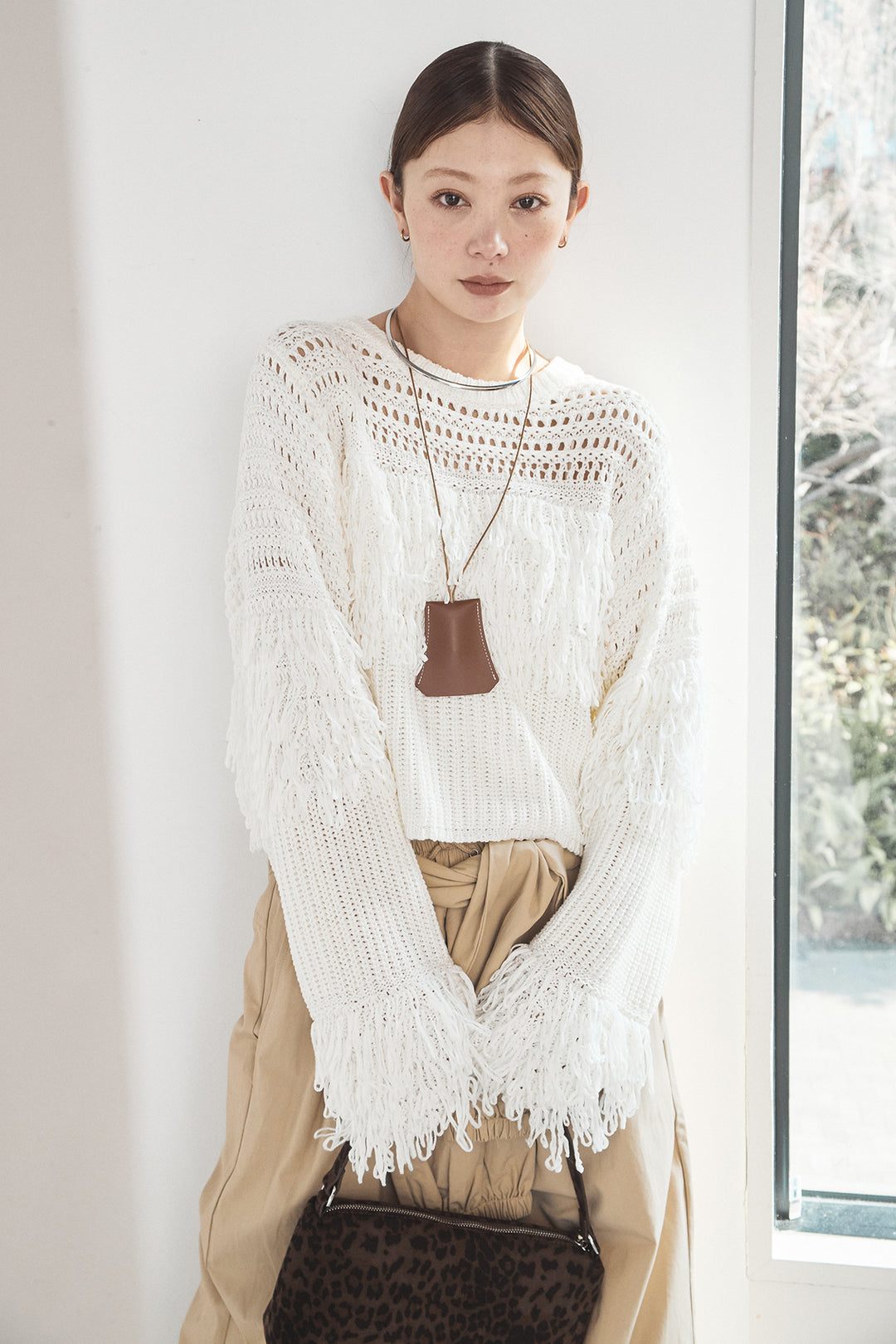 [SET]メッシュフリンジ切り替えプルオーバー+合繊ツイルスタンドウエスト巻きジョガーパンツ(2set)