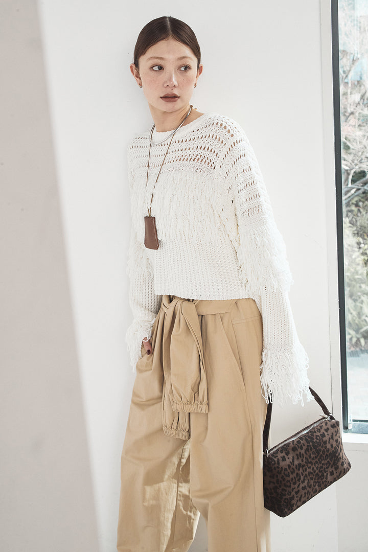 [SET]メッシュフリンジ切り替えプルオーバー+合繊ツイルスタンドウエスト巻きジョガーパンツ(2set)