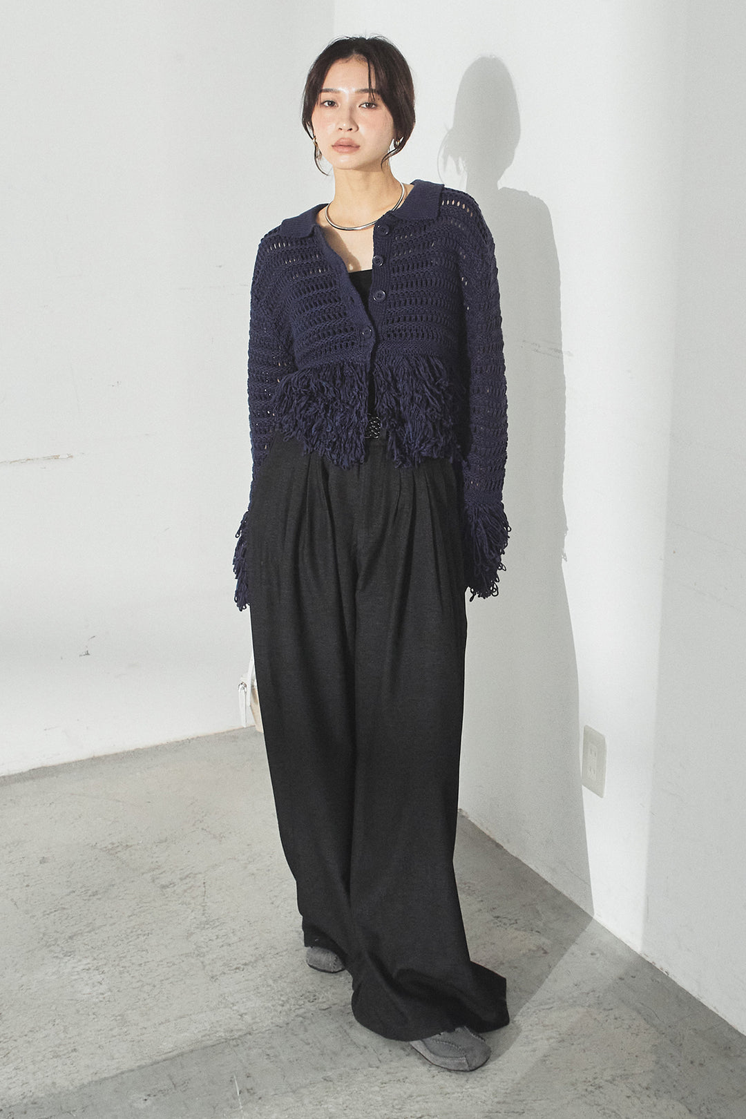 [SET]メッシュフリンジカーディガン+編みベルト付きウエストタックワイドパンツ(2set)