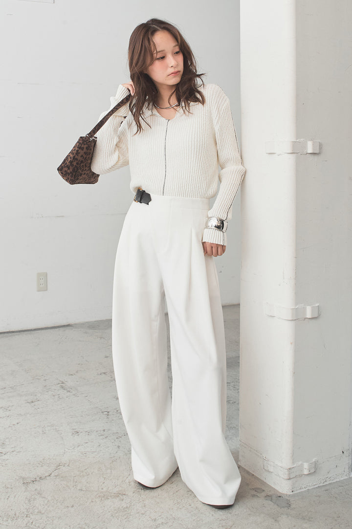 [SET]衿付きニットプルオーバー+サイドベルトタック入りスラックス(2set)