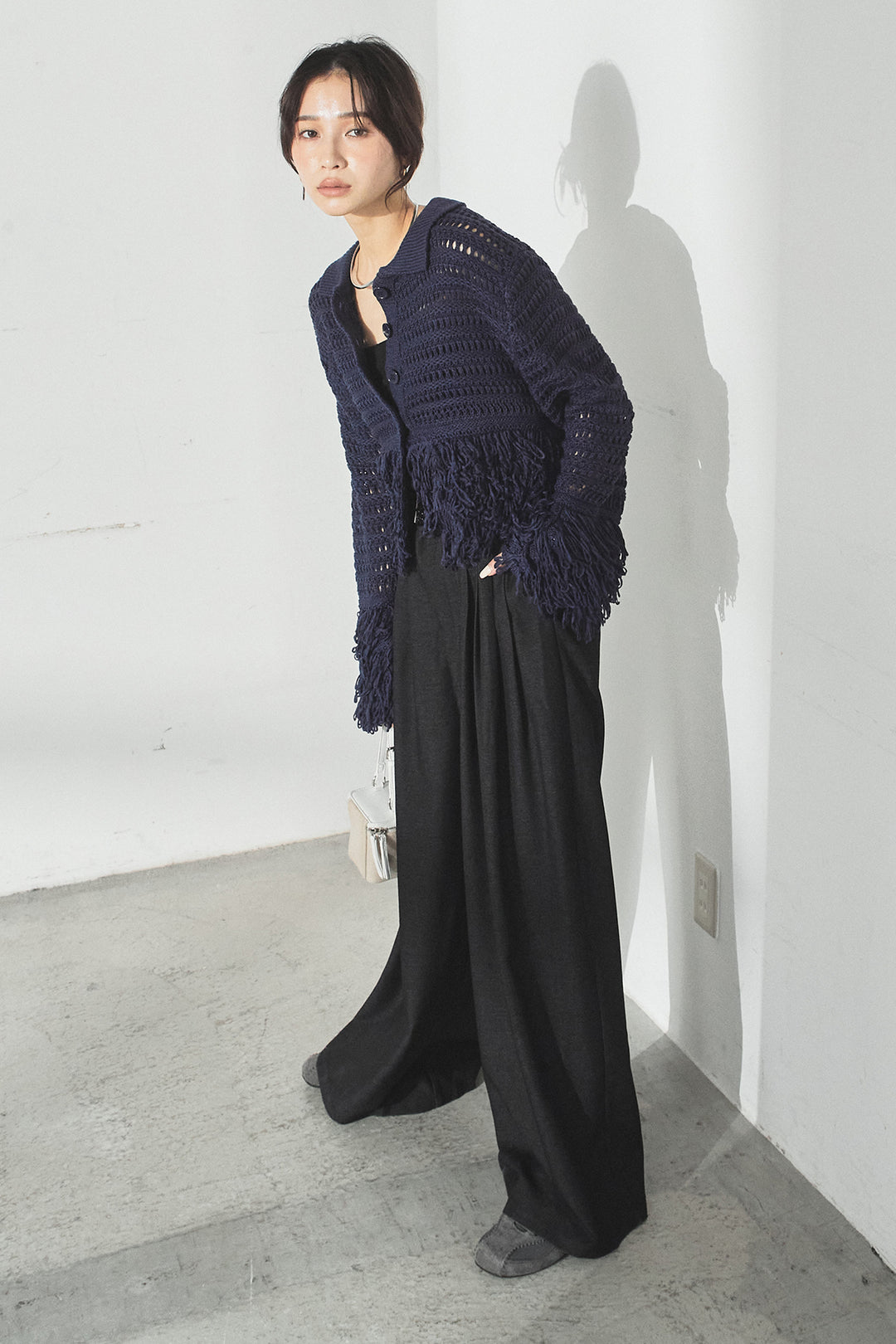 [SET]メッシュフリンジカーディガン+編みベルト付きウエストタックワイドパンツ(2set)