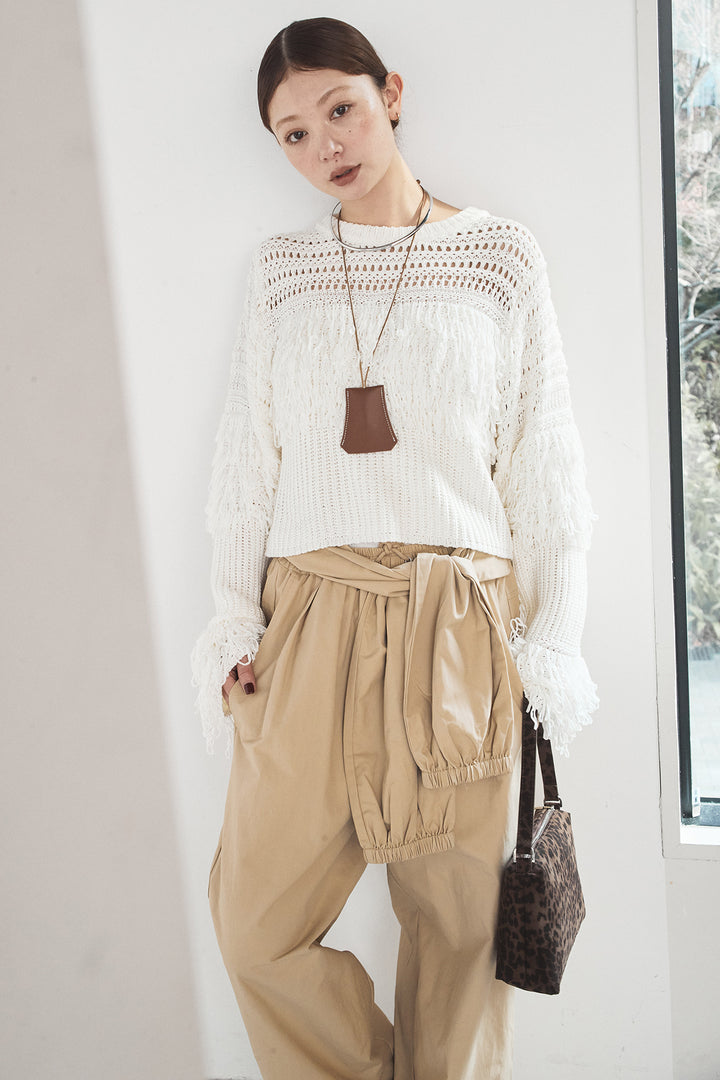 [SET]メッシュフリンジ切り替えプルオーバー+合繊ツイルスタンドウエスト巻きジョガーパンツ(2set)