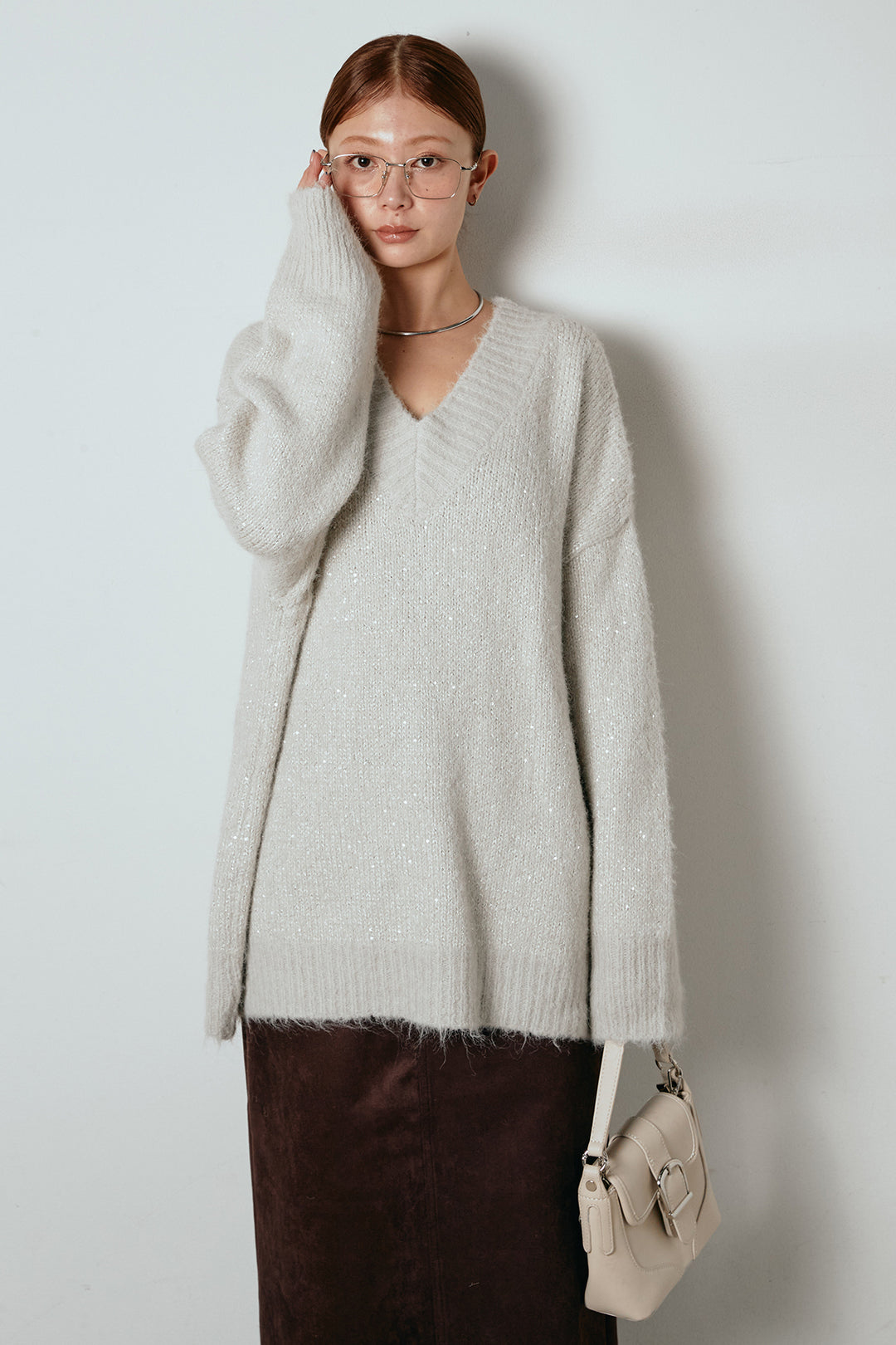 [SET]Vネックルーズラメニットトップス+スウェードライク裾フリンジスカート(2set)