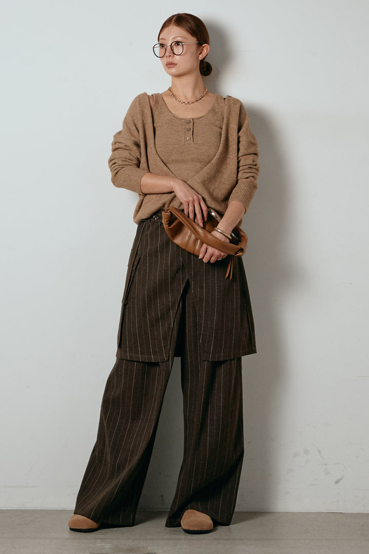 [SET]襟付きレイヤードニットトップス+細ストライプレイヤードデザインパンツ(2set)