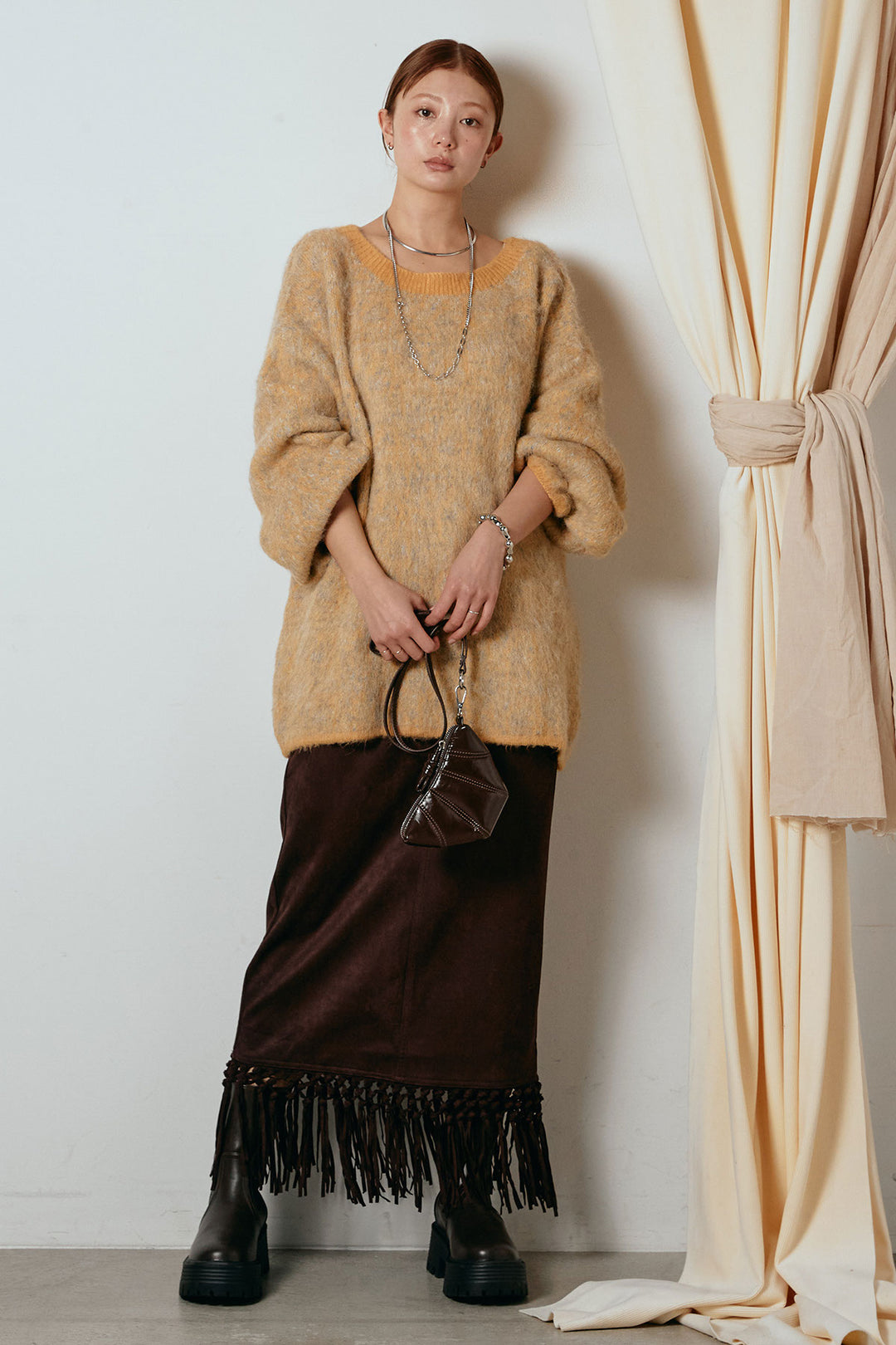 [SET]ボリュームスリーブミックスニットトップス+スウェードライク裾フリンジスカート(2set)