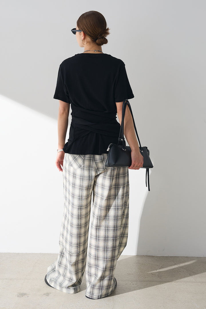 [SET]フロントタイTシャツ+タータンチェックワイドパンツ(2set)