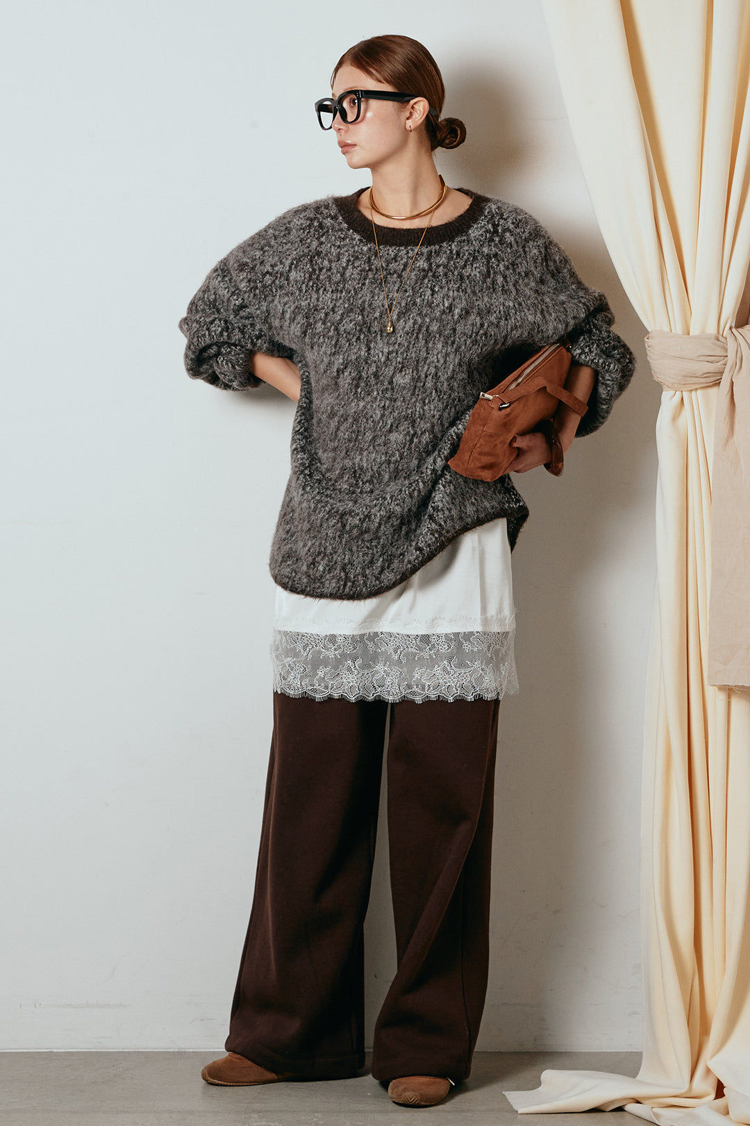 [SET]ボリュームスリーブミックスニットトップス+裏起毛スウェットワイドパンツ+レース切り替えキャミソール(3set)