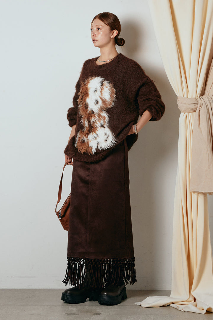 [SET]シャギーニュアンスアニマルニット+スウェードライク裾フリンジスカート(2set)