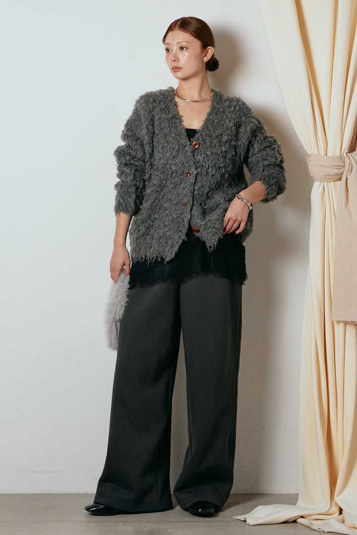 [SET]ルーズシャギーニットカーディガン+裏起毛スウェットワイドパンツ+レース切り替えキャミソール(3set)