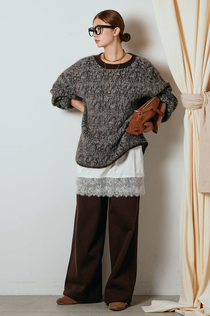 [SET]ボリュームスリーブミックスニットトップス+レース切り替えキャミソール(2set)