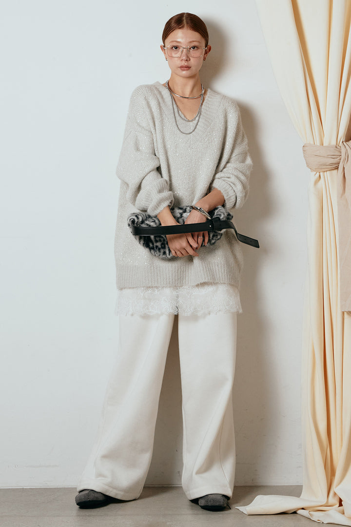 [SET]Vネックルーズラメニットトップス+裏起毛スウェットワイドパンツ(2set)