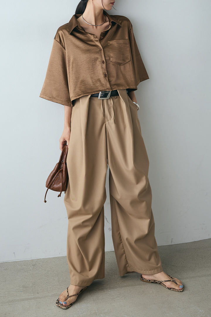 [SET]サテンクロップドシャツ+デザインタックパンツ(2set)