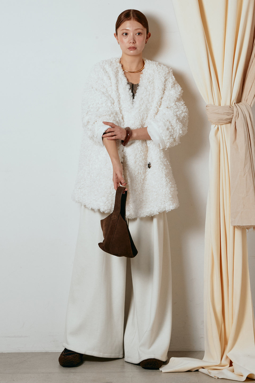 [SET]シープライクファージャケット+フェイクレザー太ベルト付きタックワイドパンツ(2set)