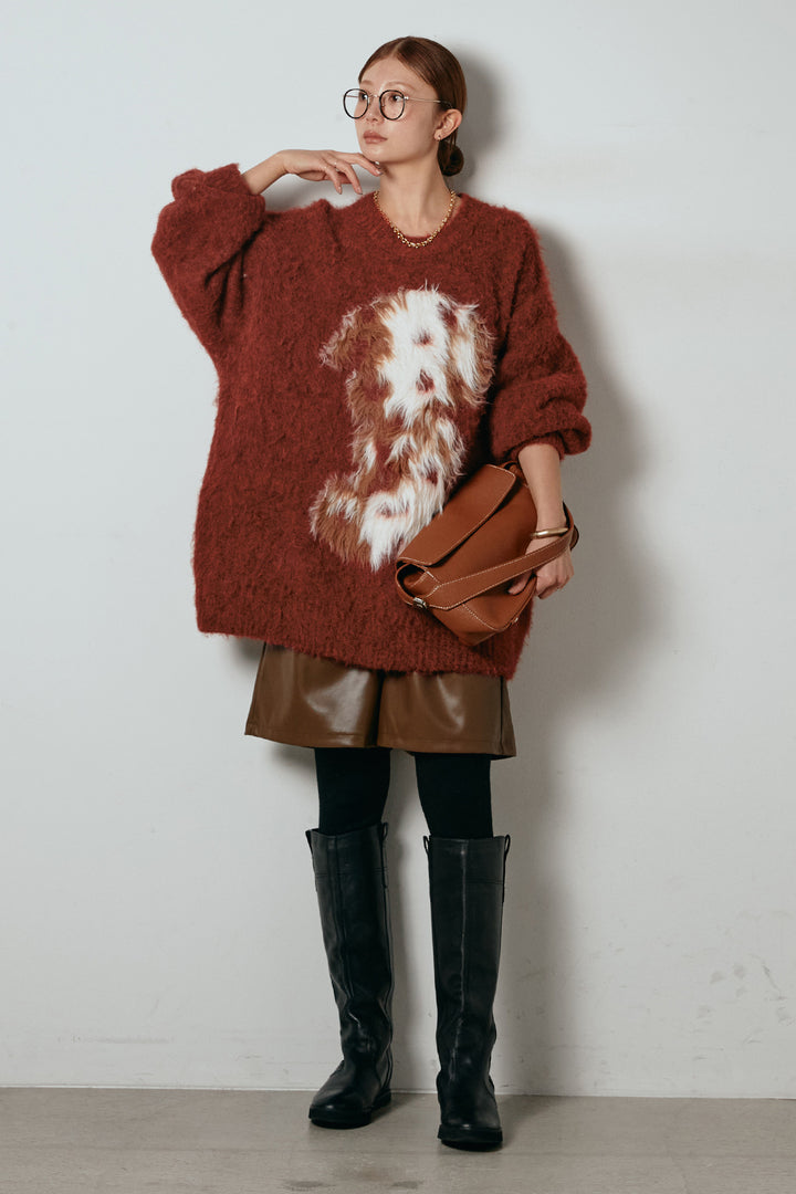 [SET]シャギーニュアンスアニマルニット+ストレッチエコレザーバミューダパンツ(2set)