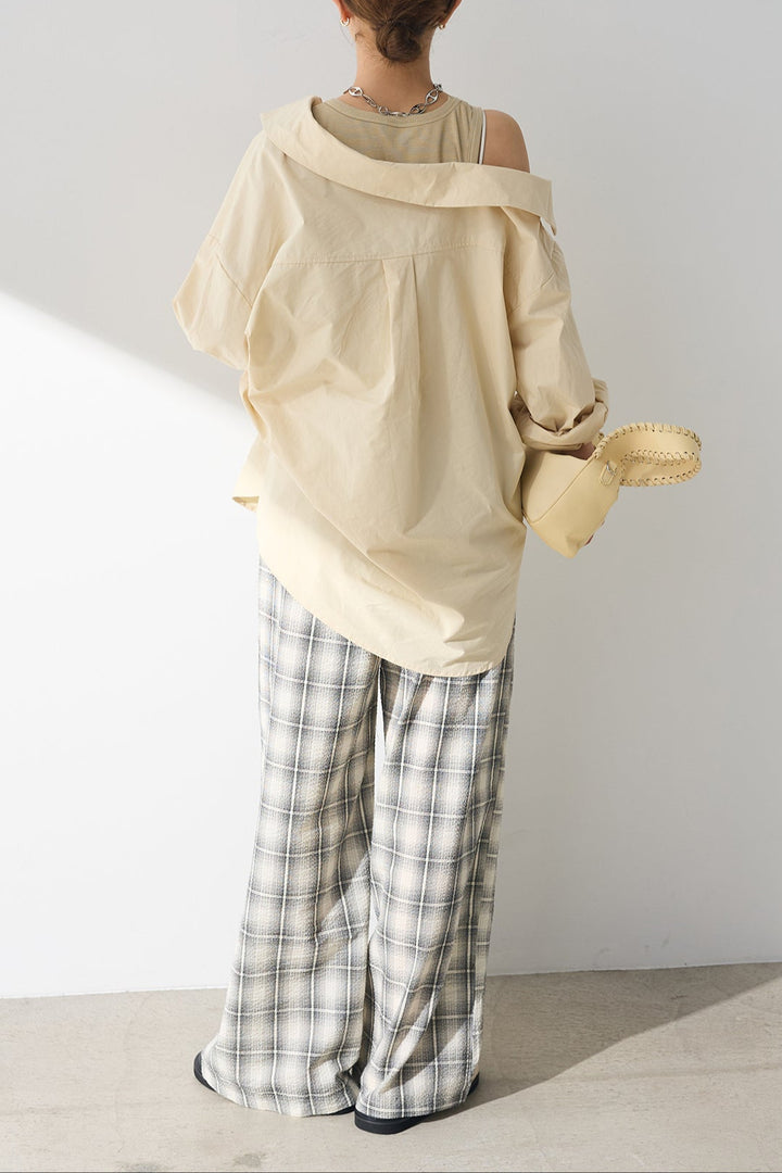 [SET]タンク付きアシメシャツ+タータンチェックワイドパンツ(2set)