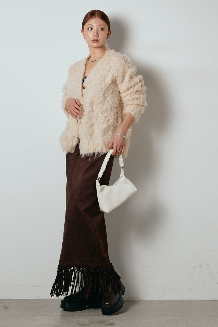 [SET]ルーズシャギーニットカーディガン+スウェードライク裾フリンジスカート(2set)
