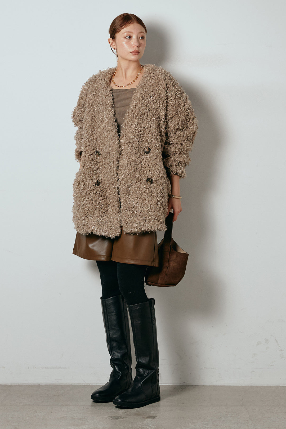 [SET]シープライクファージャケット+ストレッチエコレザーバミューダパンツ(2set)