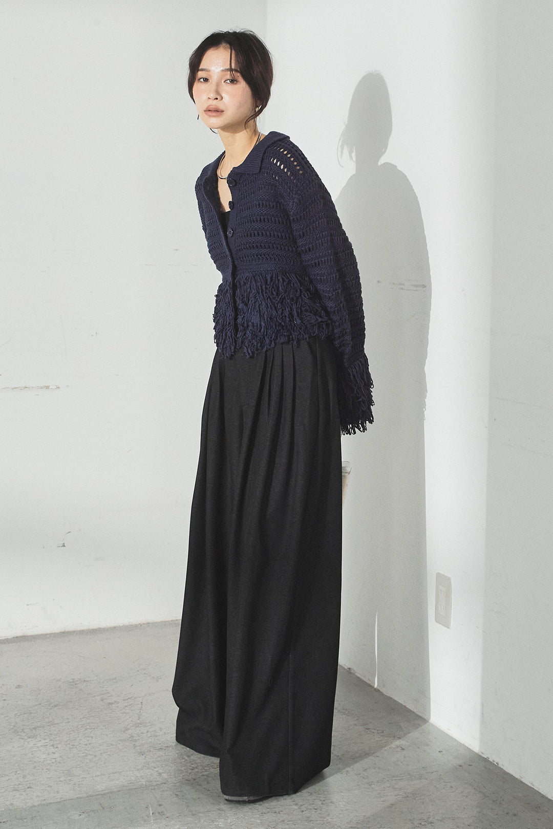 [SET]メッシュフリンジカーディガン+編みベルト付きウエストタックワイドパンツ(2set)