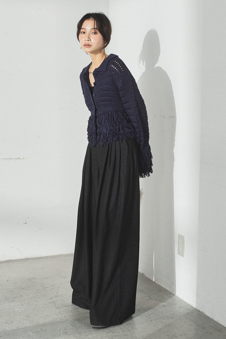 [SET]メッシュフリンジカーディガン+編みベルト付きウエストタックワイドパンツ(2set)