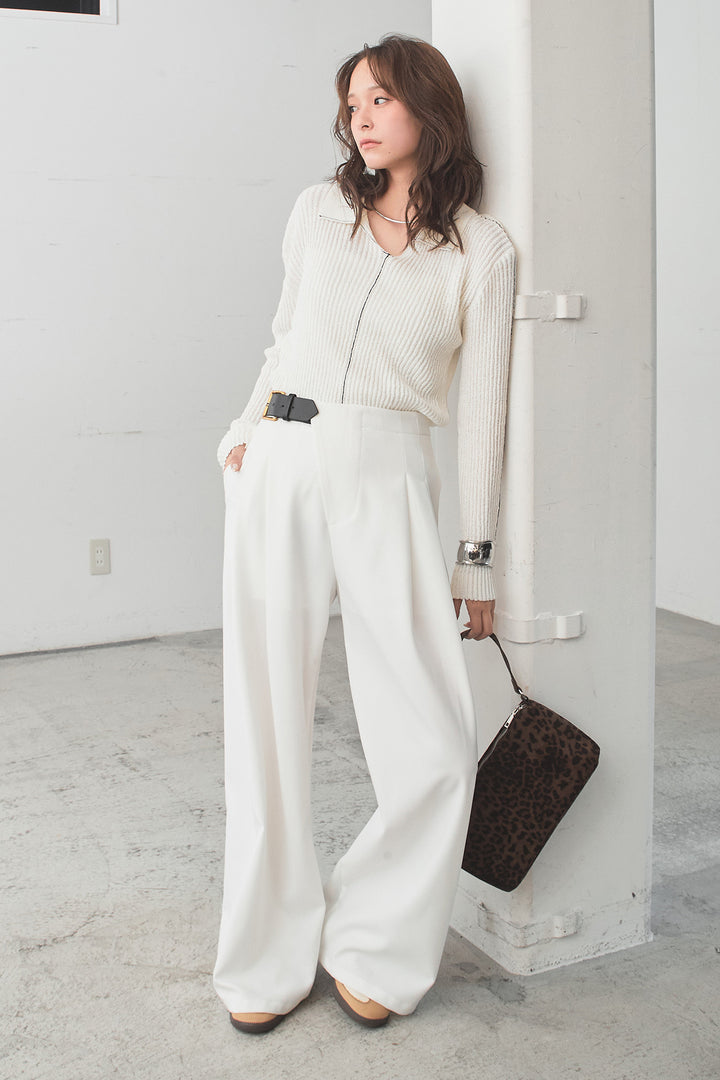 [SET]衿付きニットプルオーバー+サイドベルトタック入りスラックス(2set)