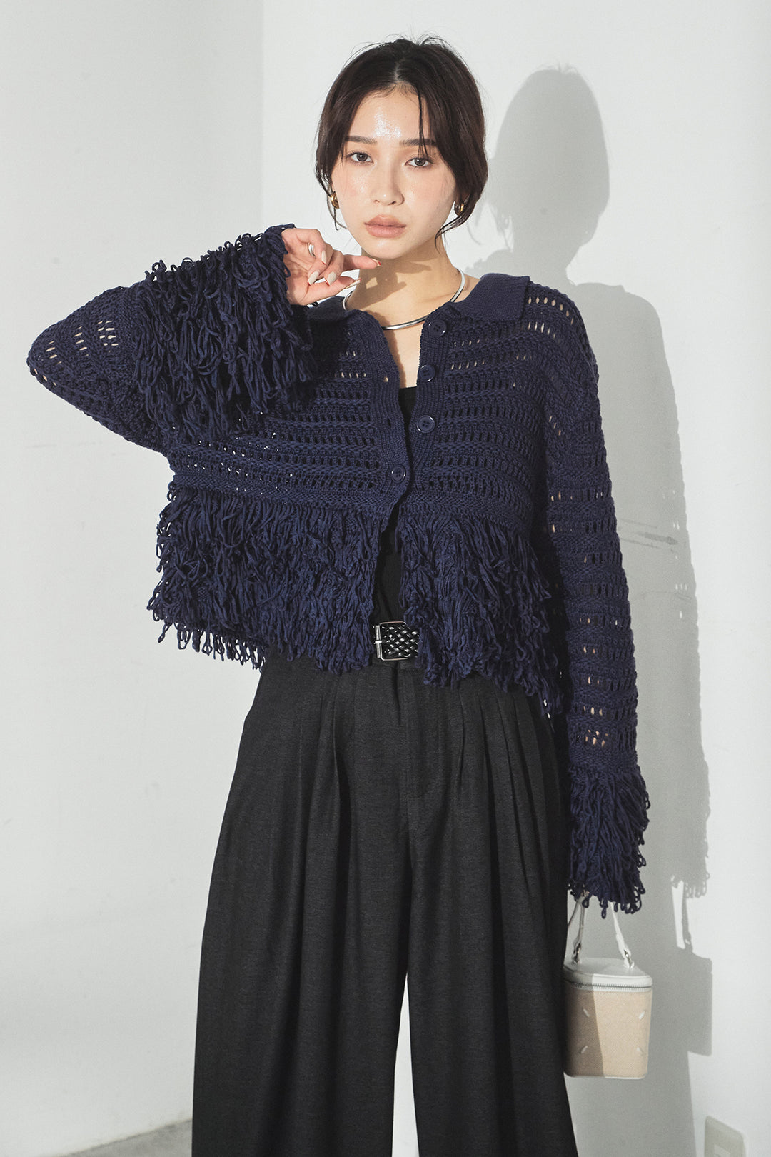 [SET]メッシュフリンジカーディガン+編みベルト付きウエストタックワイドパンツ(2set)