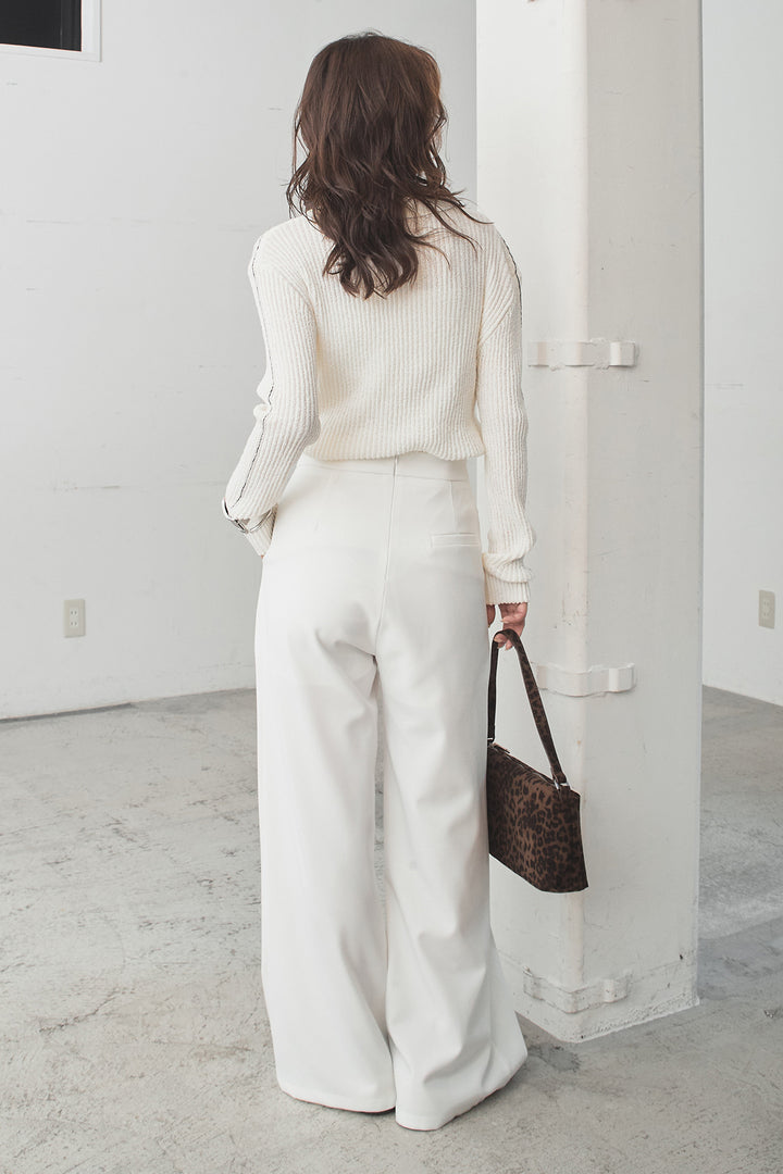 [SET]衿付きニットプルオーバー+サイドベルトタック入りスラックス(2set)