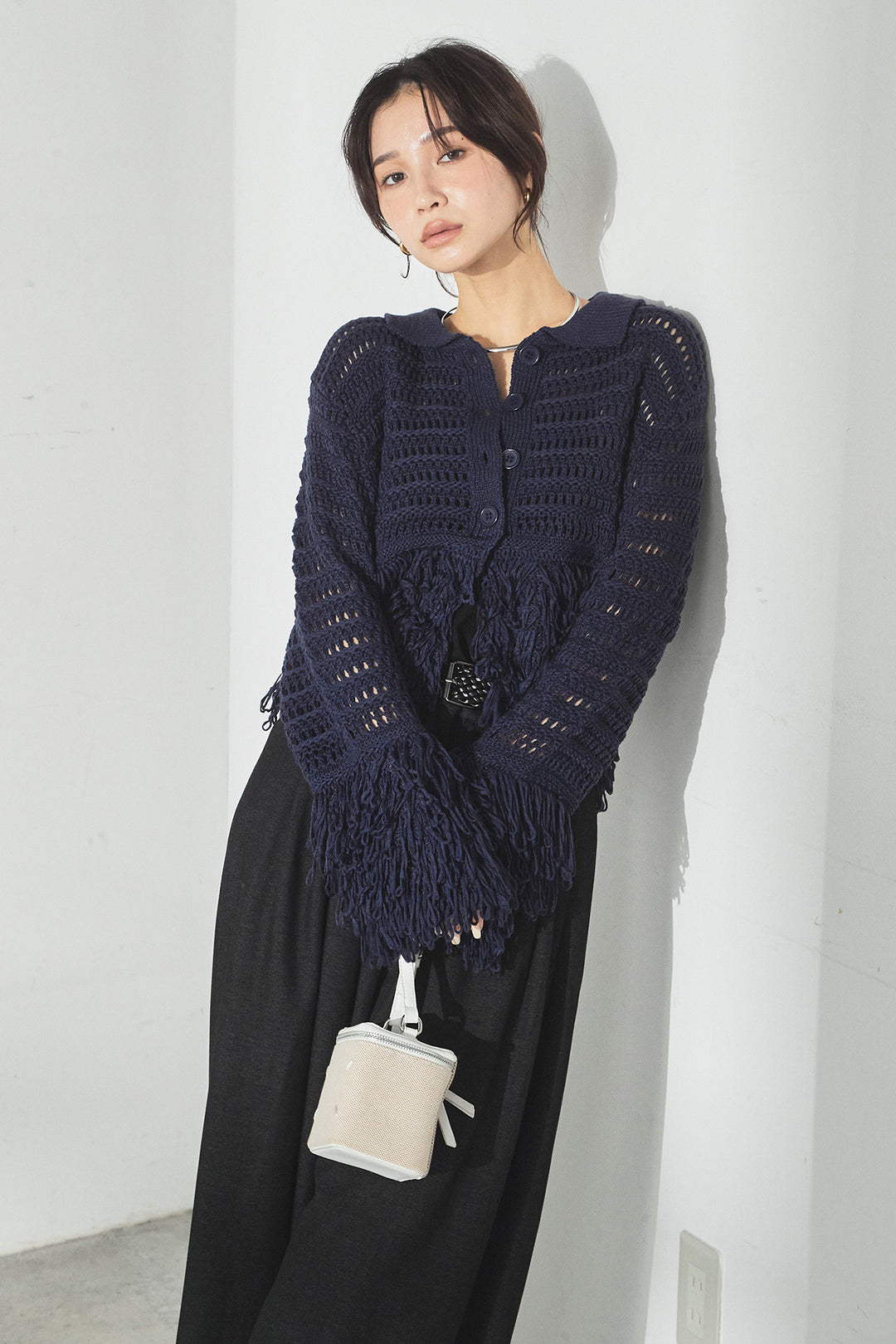 [SET]メッシュフリンジカーディガン+編みベルト付きウエストタックワイドパンツ(2set)